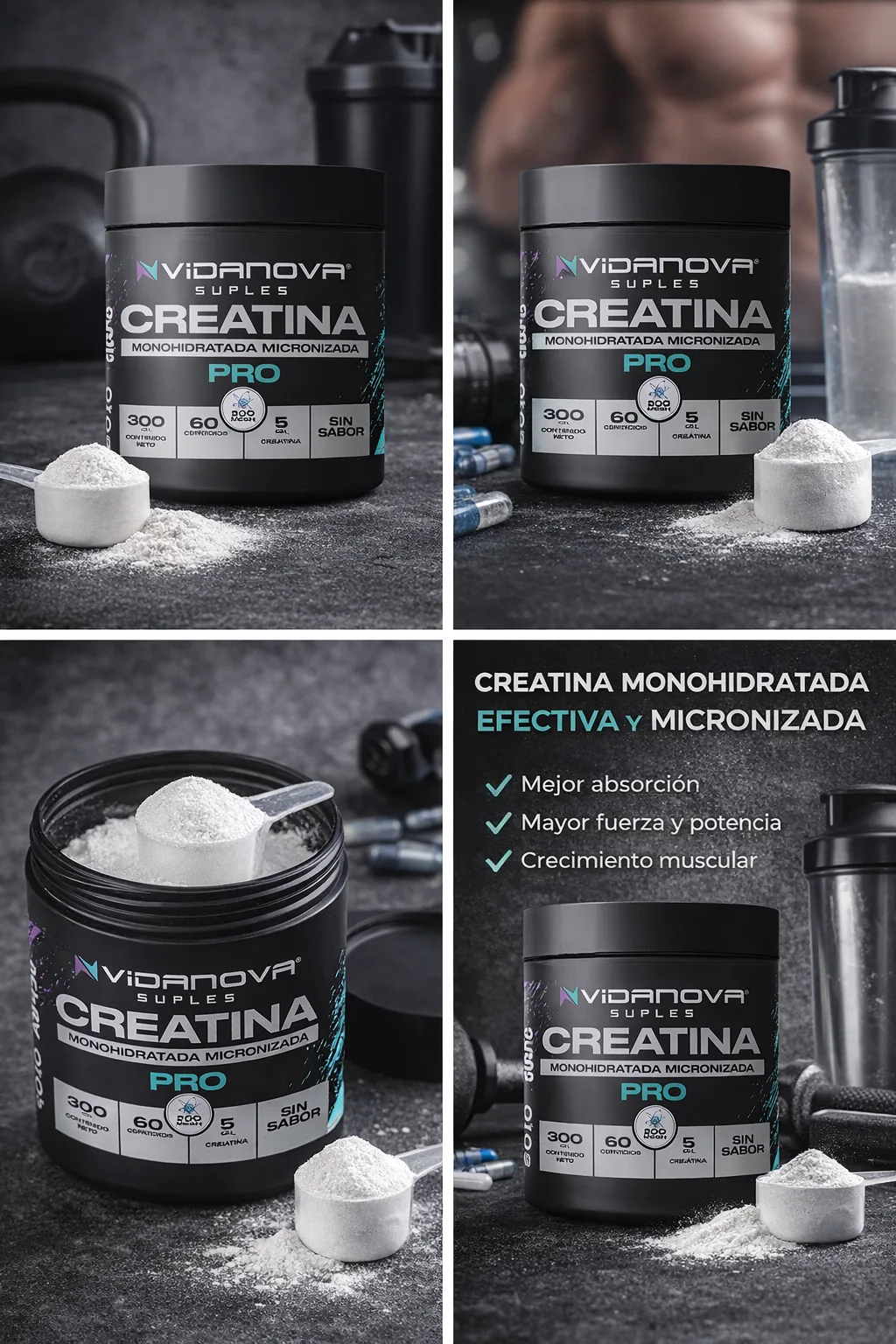 Creatina Monohidratada 300g 200 Mesh Vidanova Suples - Imagen 2
