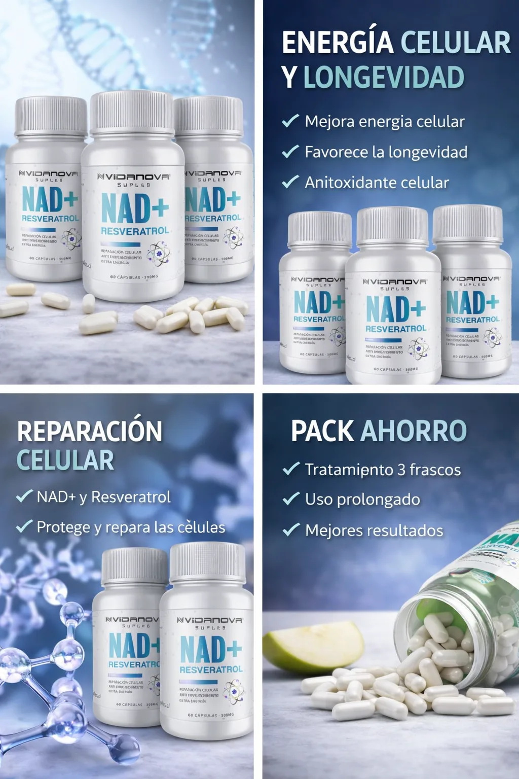 Pack NAD Resveratrol 1000mg Vidanova 3 frascos 60 cápsulas - Imagen 2