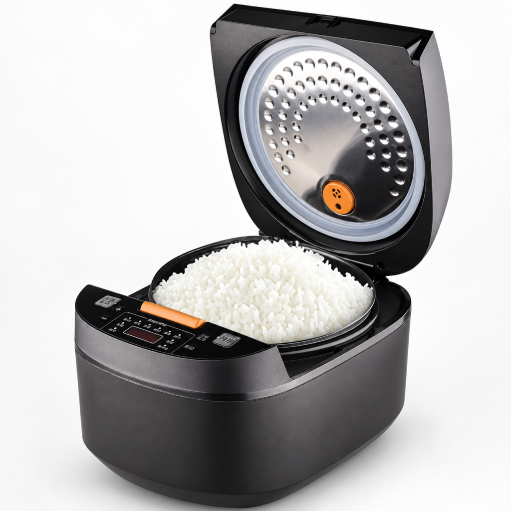 Olla eléctrica de cocina negra con panel digital y tapa abatible